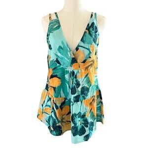 Raga Anthropologie Tropical Floral Tiered Blouse Small Blue Yellow Resort Summer